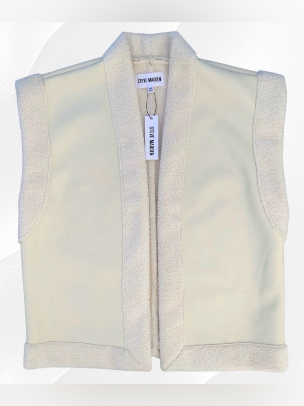 Steve Madden Bone White Faux Leather & Shearling Open-Front Oversized Vest ~ M